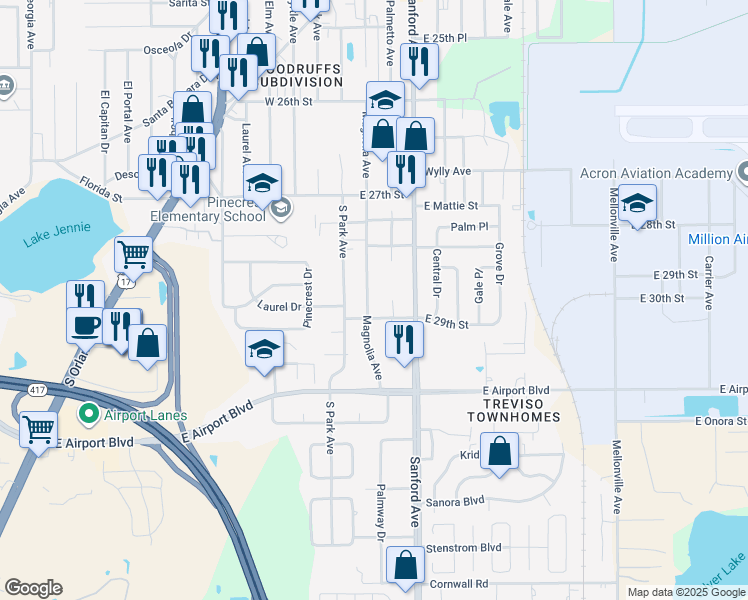 map of restaurants, bars, coffee shops, grocery stores, and more near 2830 Magnolia Avenue in Sanford