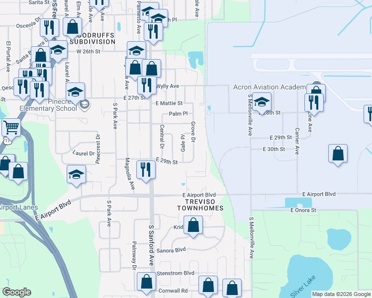map of restaurants, bars, coffee shops, grocery stores, and more near 2841 Grove Drive in Sanford