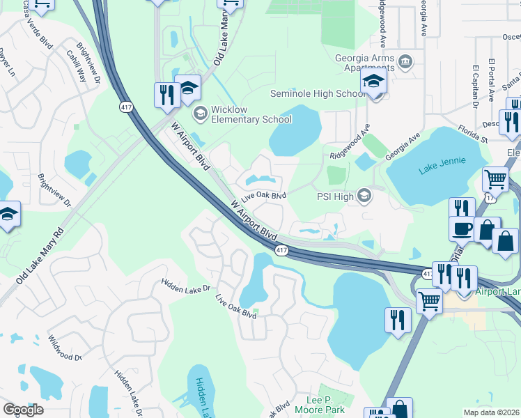 map of restaurants, bars, coffee shops, grocery stores, and more near 209 Wilton Circle in Sanford