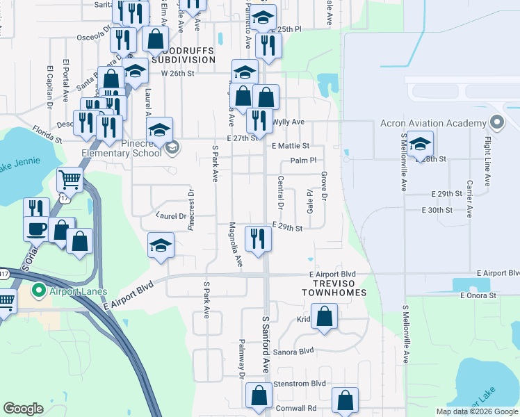 map of restaurants, bars, coffee shops, grocery stores, and more near 2881 South Palmetto Avenue in Sanford