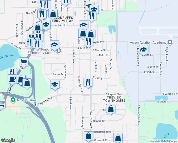 map of restaurants, bars, coffee shops, grocery stores, and more near 2881 South Palmetto Avenue in Sanford