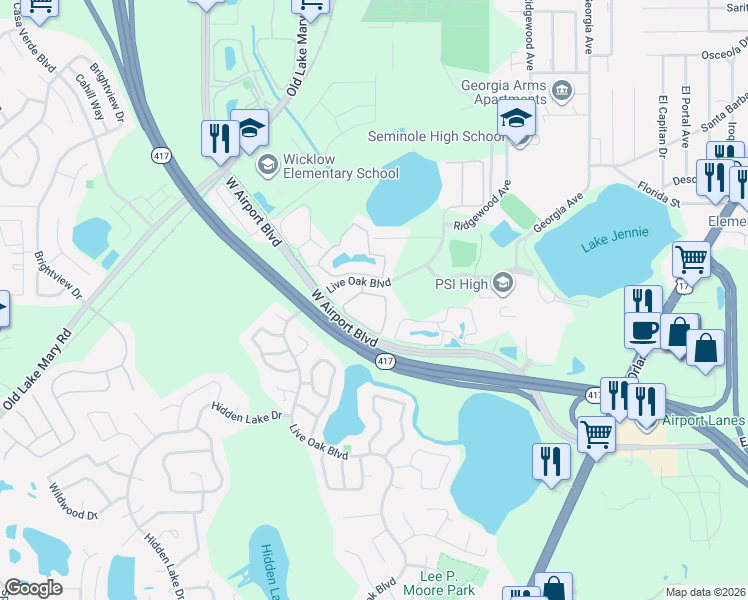 map of restaurants, bars, coffee shops, grocery stores, and more near 100 Wilton Circle in Sanford