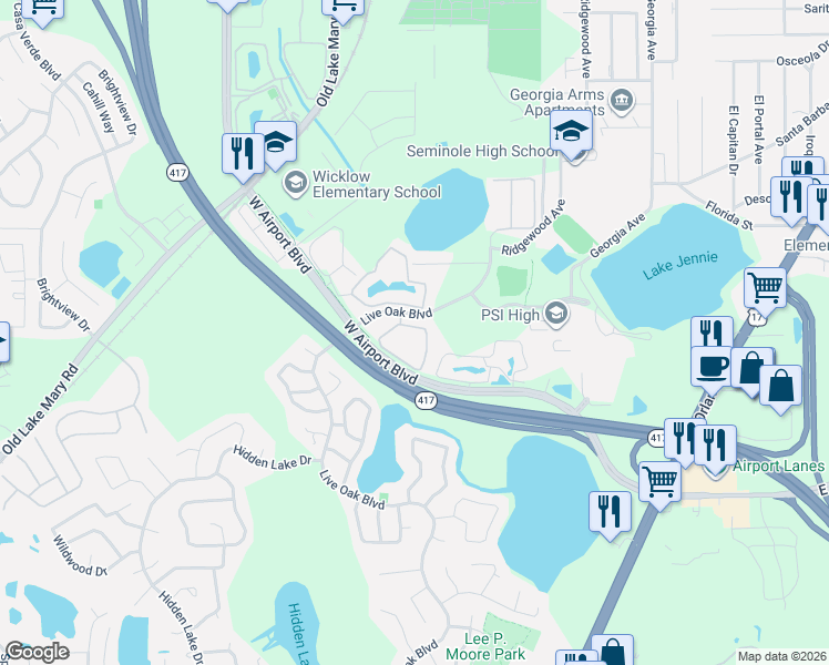 map of restaurants, bars, coffee shops, grocery stores, and more near 100 Wilton Circle in Sanford