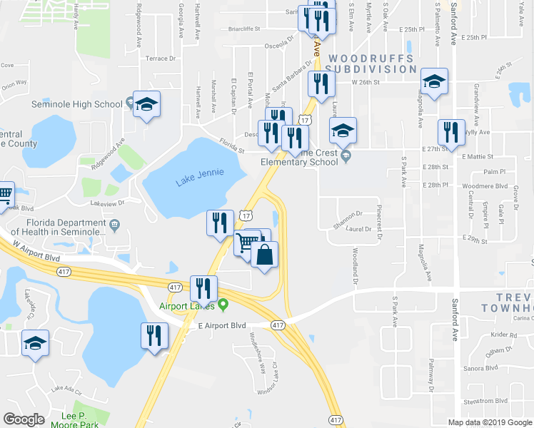 map of restaurants, bars, coffee shops, grocery stores, and more near 2895 South Orlando Drive in Sanford
