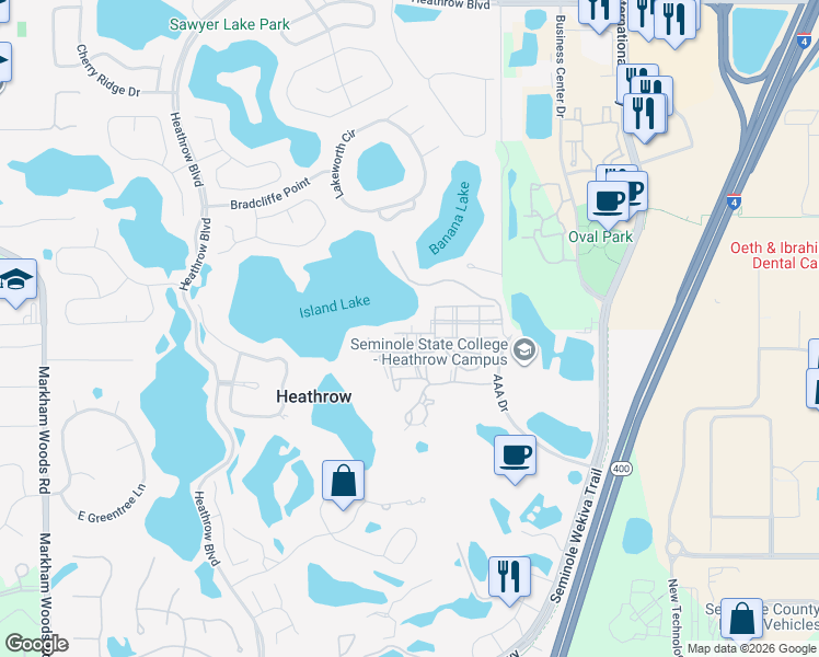 map of restaurants, bars, coffee shops, grocery stores, and more near 700 Twin Creek Lane in Heathrow
