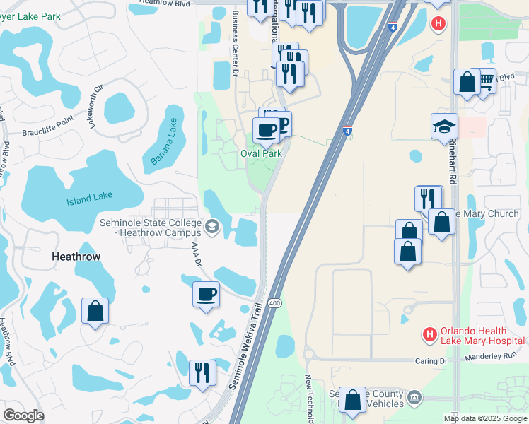 map of restaurants, bars, coffee shops, grocery stores, and more near 701 International Parkway in Lake Mary