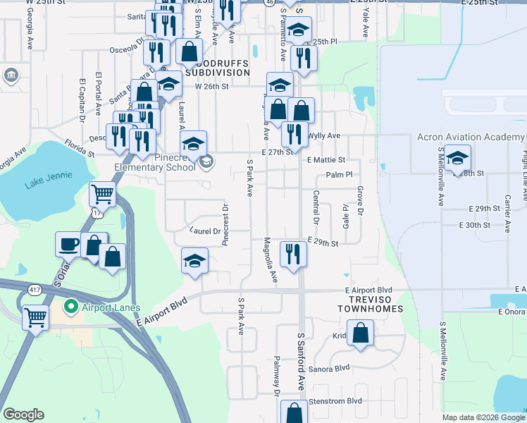 map of restaurants, bars, coffee shops, grocery stores, and more near 2816 Magnolia Avenue in Sanford
