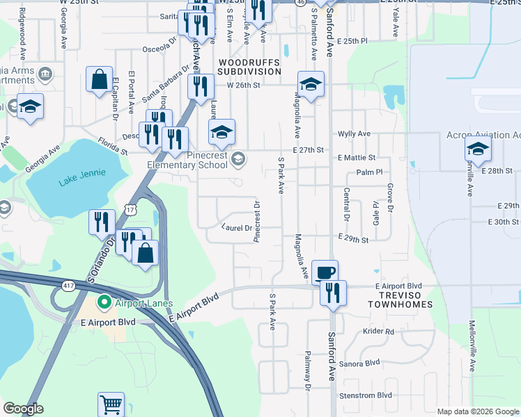 map of restaurants, bars, coffee shops, grocery stores, and more near 2820 South Park Avenue in Sanford