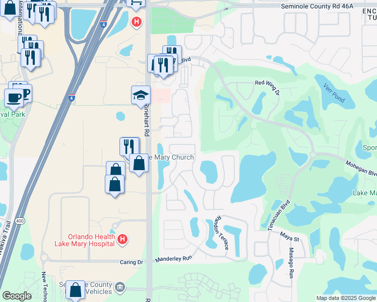 map of restaurants, bars, coffee shops, grocery stores, and more near 668 Pickfair Terrace in Lake Mary