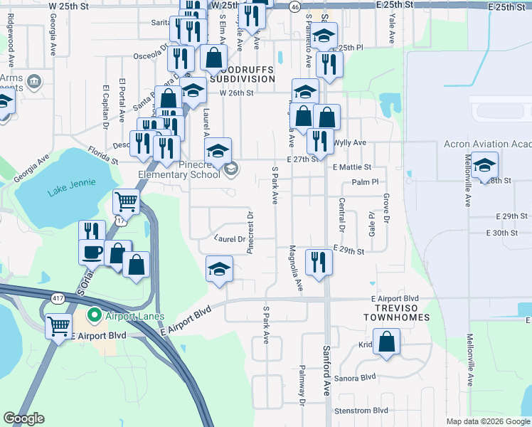 map of restaurants, bars, coffee shops, grocery stores, and more near 2820 South Park Avenue in Sanford