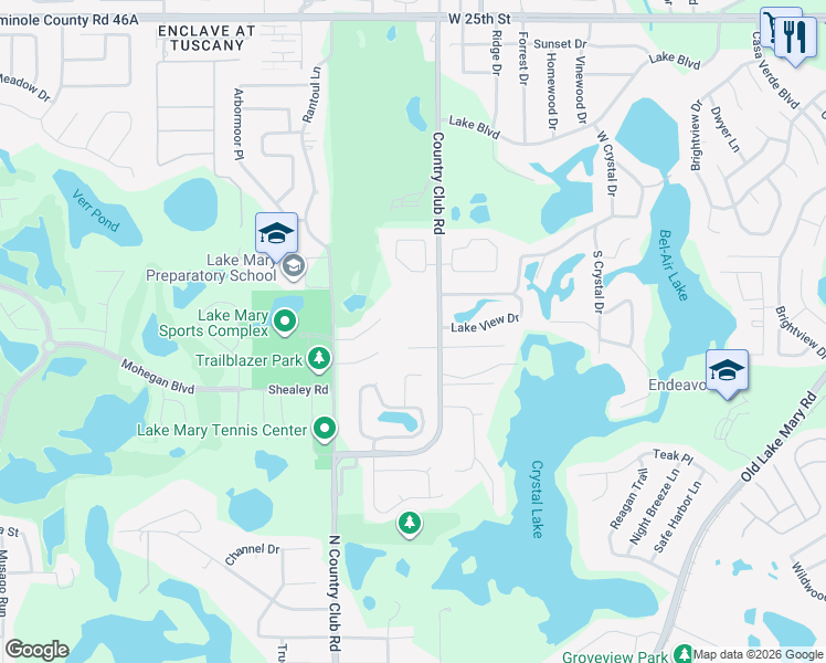 map of restaurants, bars, coffee shops, grocery stores, and more near 900 Country Club Road in Sanford