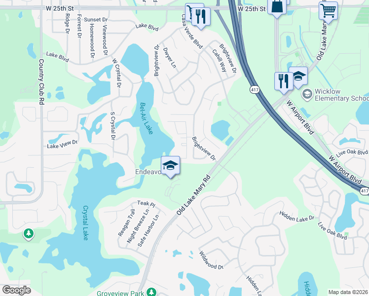 map of restaurants, bars, coffee shops, grocery stores, and more near 2917 Woodlands Park Court in Lake Mary