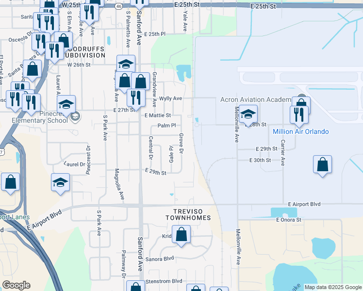 map of restaurants, bars, coffee shops, grocery stores, and more near 2828 Grove Drive in Sanford