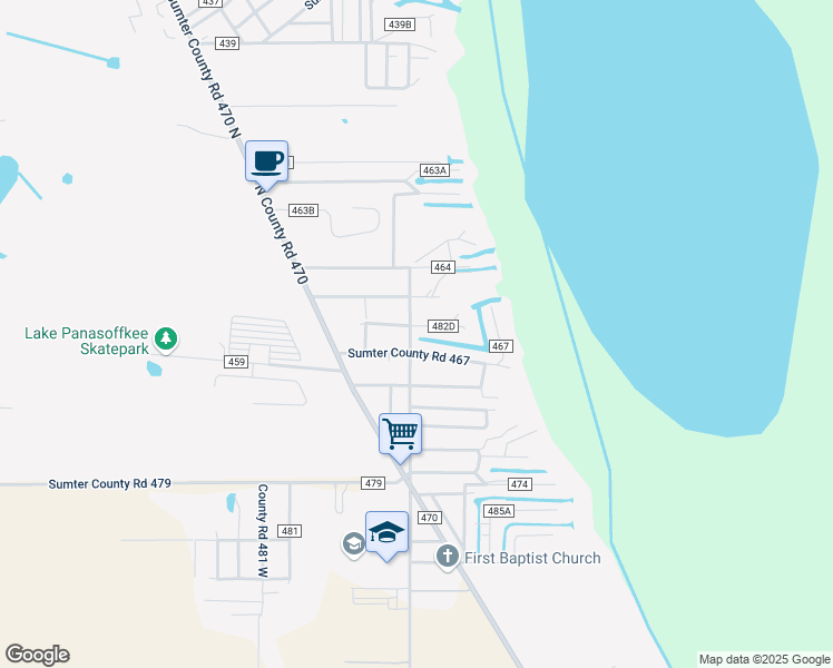 map of restaurants, bars, coffee shops, grocery stores, and more near 1351 County Road 482 North in Lake Panasoffkee