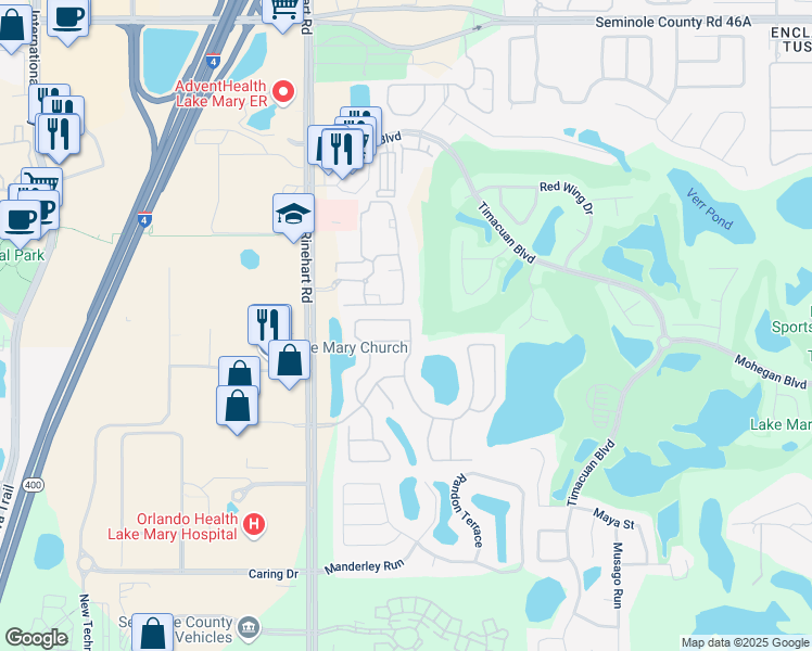 map of restaurants, bars, coffee shops, grocery stores, and more near 668 Pickfair Terrace in Lake Mary