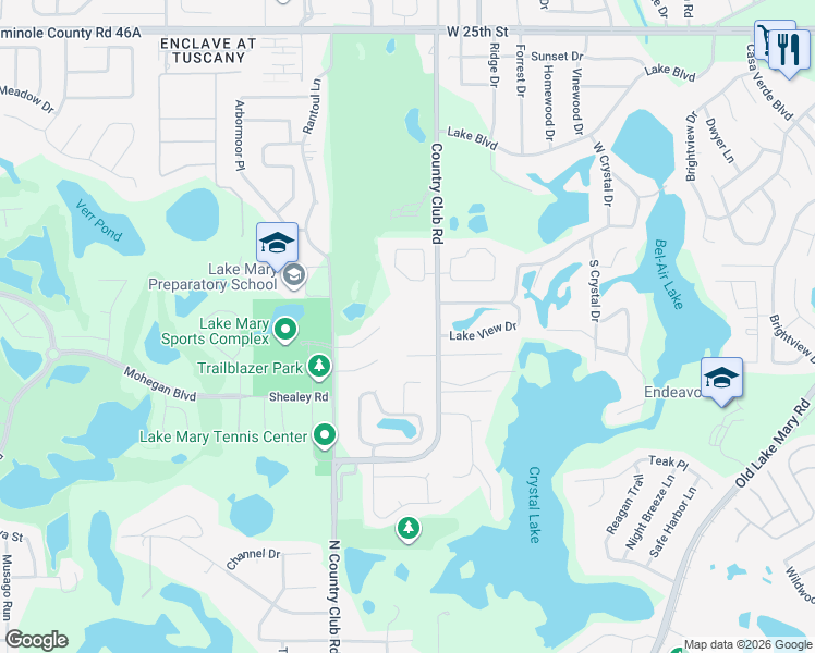 map of restaurants, bars, coffee shops, grocery stores, and more near 900 Country Club Road in Sanford