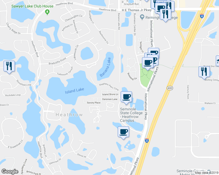 map of restaurants, bars, coffee shops, grocery stores, and more near 760 Stephens Pass Cove in Lake Mary