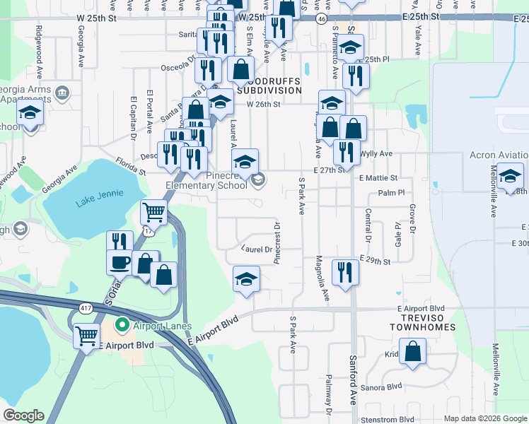 map of restaurants, bars, coffee shops, grocery stores, and more near 122 Pinecrest Drive in Sanford