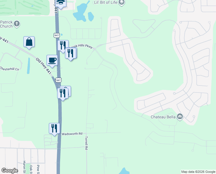 map of restaurants, bars, coffee shops, grocery stores, and more near 6517 Terrell Road in Mount Dora