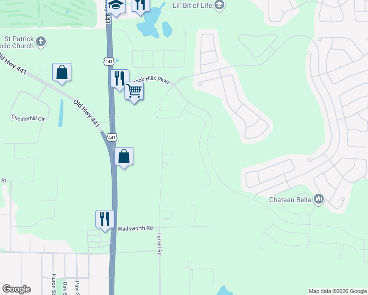 map of restaurants, bars, coffee shops, grocery stores, and more near 6517 Terrell Road in Mount Dora