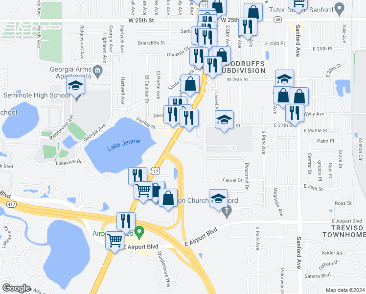 map of restaurants, bars, coffee shops, grocery stores, and more near 2711 South Orlando Drive in Sanford