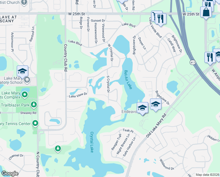 map of restaurants, bars, coffee shops, grocery stores, and more near 213 South Crystal Drive in Sanford