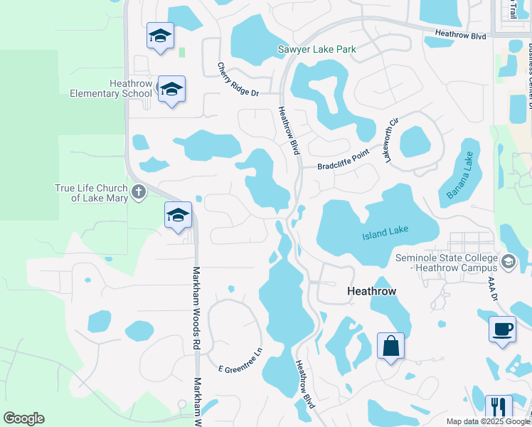 map of restaurants, bars, coffee shops, grocery stores, and more near 700 Stonefield Loop in Lake Mary