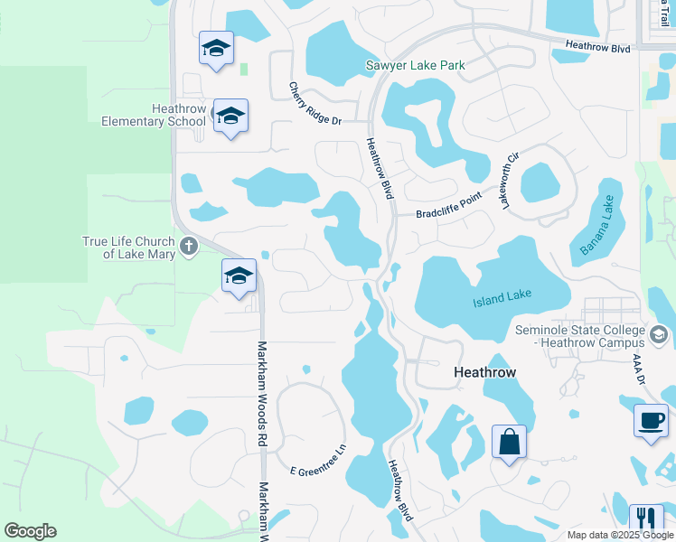 map of restaurants, bars, coffee shops, grocery stores, and more near 700 Stonefield Loop in Lake Mary