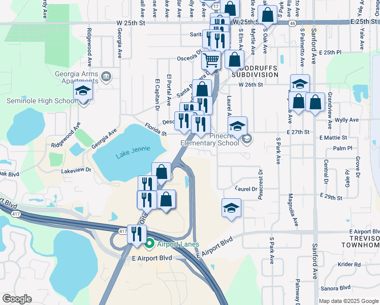 map of restaurants, bars, coffee shops, grocery stores, and more near 2706 S Orlando Dr in Sanford