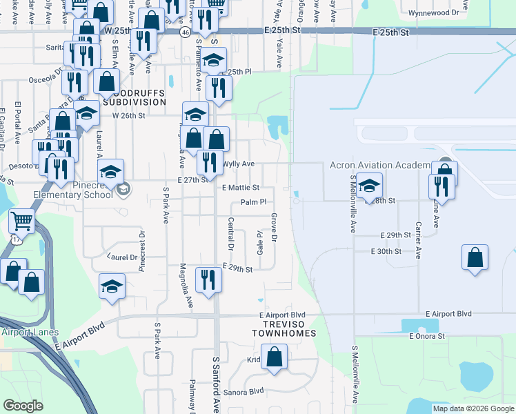 map of restaurants, bars, coffee shops, grocery stores, and more near 212 Palm Place in Sanford
