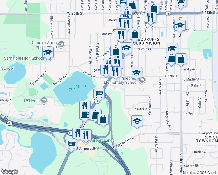 map of restaurants, bars, coffee shops, grocery stores, and more near 2706 S Orlando Dr in Sanford