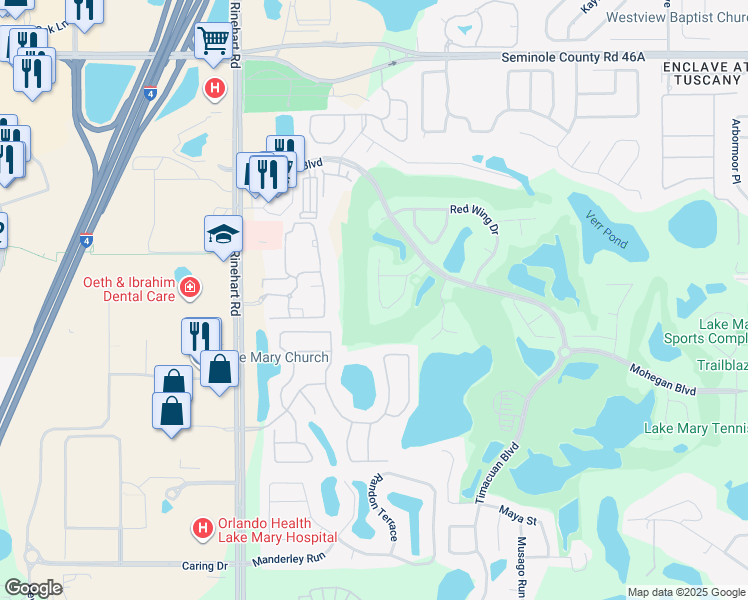 map of restaurants, bars, coffee shops, grocery stores, and more near 738 Powderhorn Circle in Lake Mary