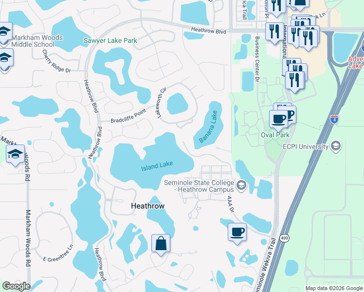 map of restaurants, bars, coffee shops, grocery stores, and more near 824 Stephens Pass Cove in Lake Mary