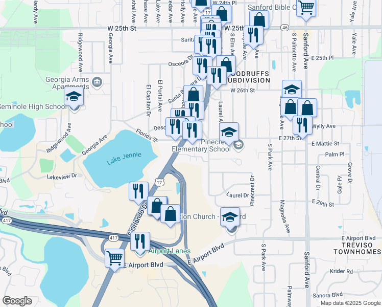 map of restaurants, bars, coffee shops, grocery stores, and more near 2711 South Orlando Drive in Sanford