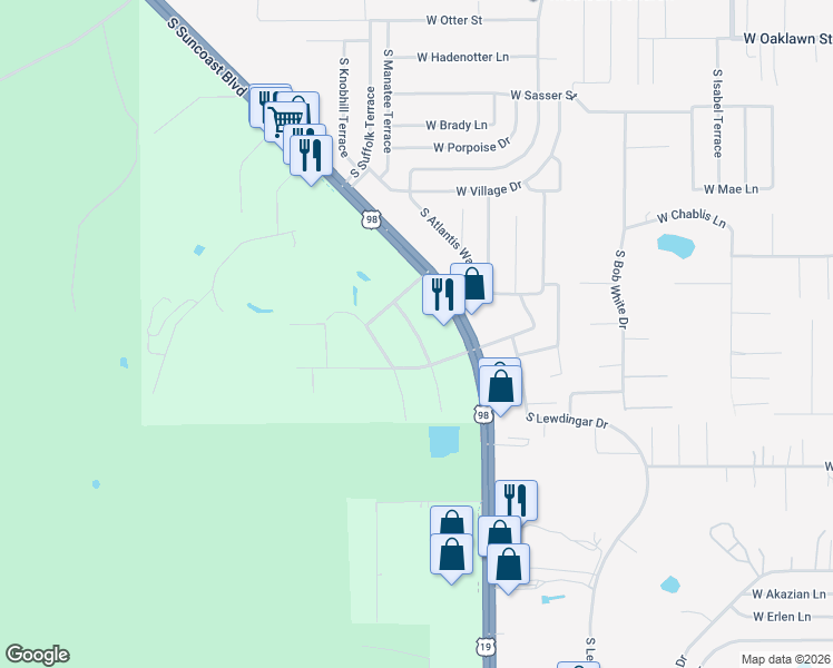 map of restaurants, bars, coffee shops, grocery stores, and more near 5789 South Ashlawn Way in Homosassa