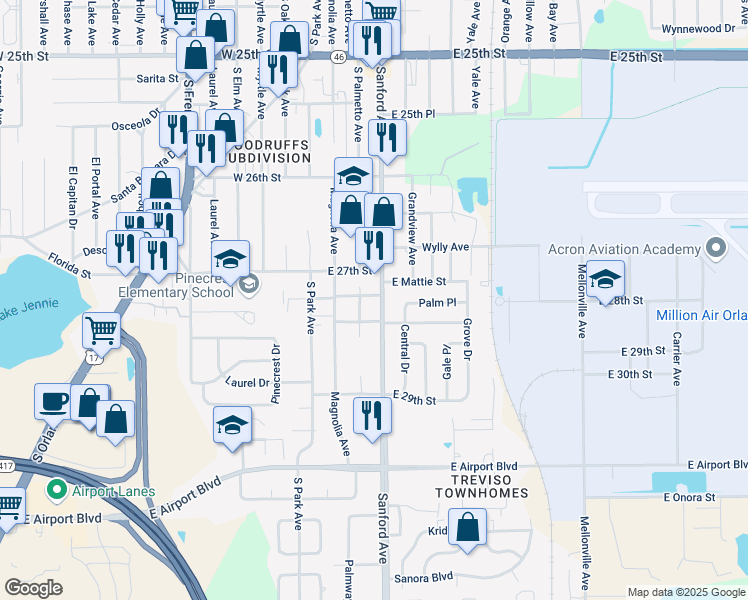 map of restaurants, bars, coffee shops, grocery stores, and more near 2800 South Sanford Avenue in Sanford