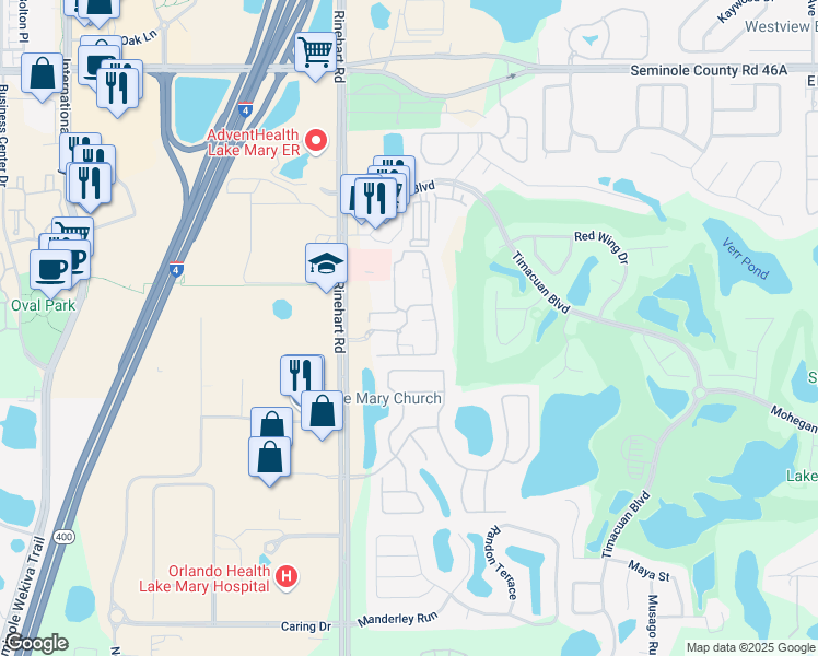 map of restaurants, bars, coffee shops, grocery stores, and more near 700 Oakland Hills Circle in Lake Mary