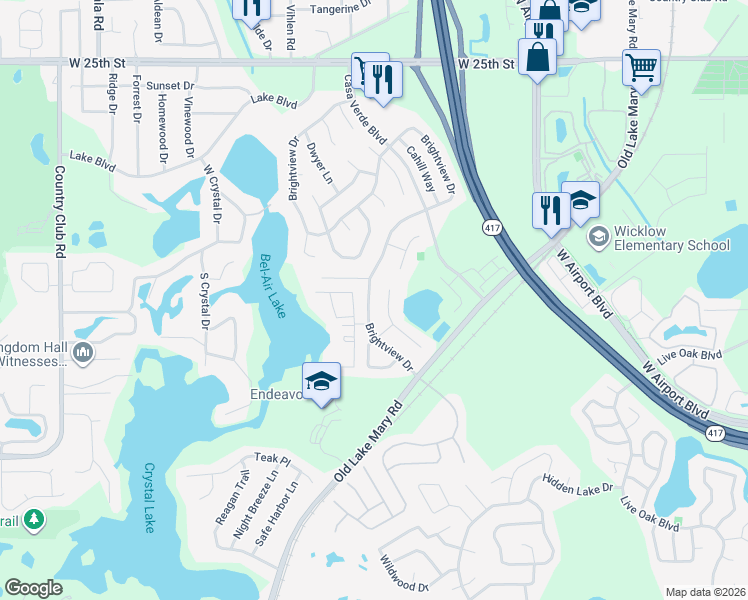map of restaurants, bars, coffee shops, grocery stores, and more near 821 Brightview Drive in Lake Mary