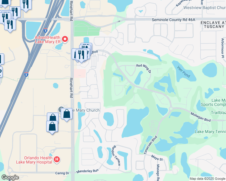 map of restaurants, bars, coffee shops, grocery stores, and more near 738 Powderhorn Circle in Lake Mary