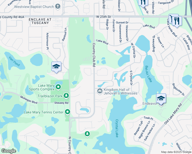 map of restaurants, bars, coffee shops, grocery stores, and more near 105 Golfside Circle in Sanford