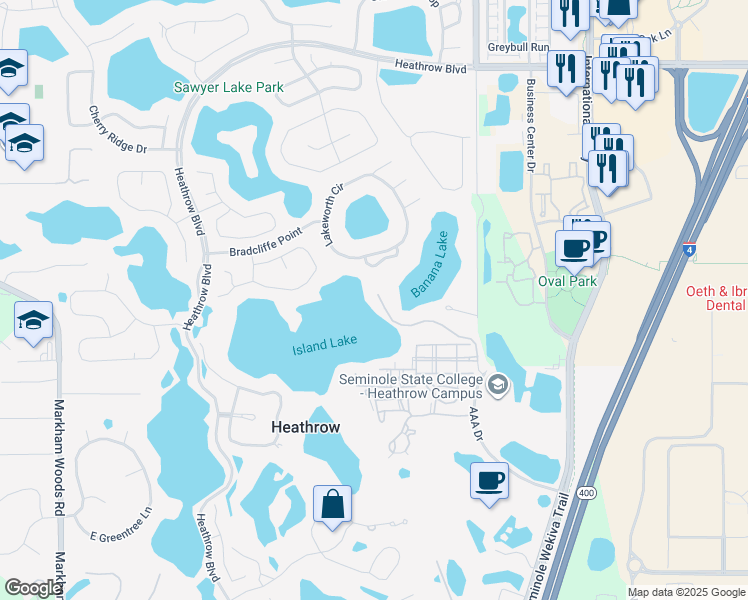 map of restaurants, bars, coffee shops, grocery stores, and more near 824 Stephens Pass Cove in Lake Mary