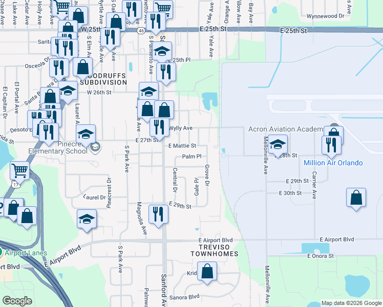 map of restaurants, bars, coffee shops, grocery stores, and more near 212 Palm Place in Sanford