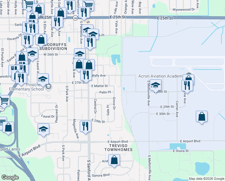 map of restaurants, bars, coffee shops, grocery stores, and more near 2805 Grove Drive in Sanford