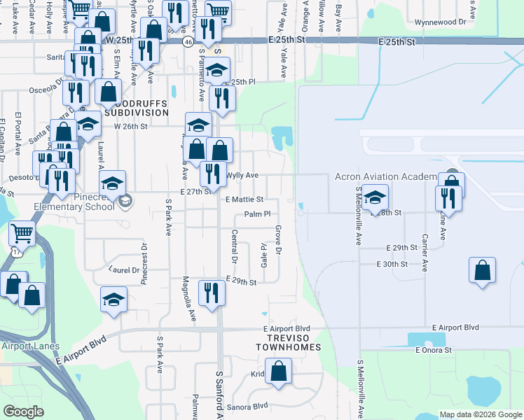map of restaurants, bars, coffee shops, grocery stores, and more near 212 Palm Place in Sanford