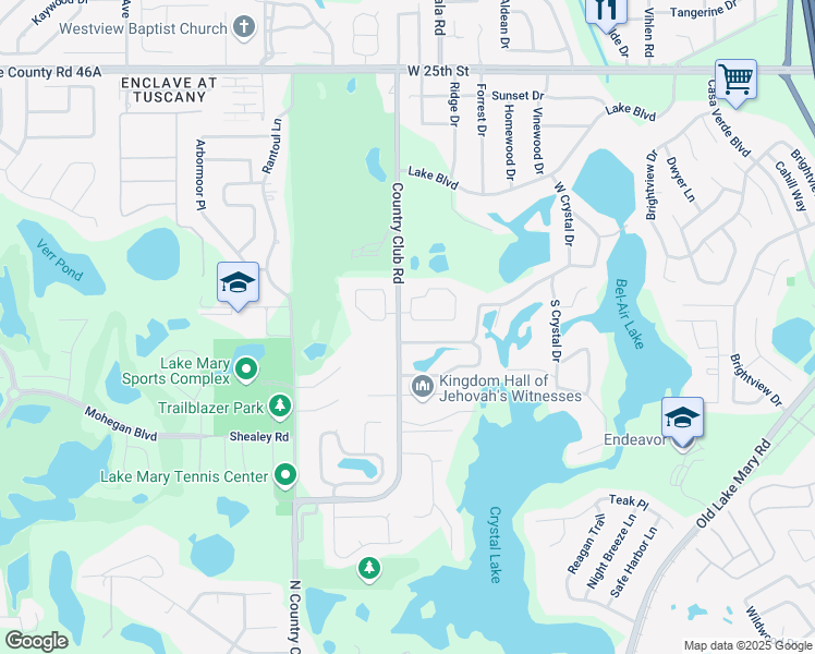 map of restaurants, bars, coffee shops, grocery stores, and more near 105 Golfside Circle in Sanford