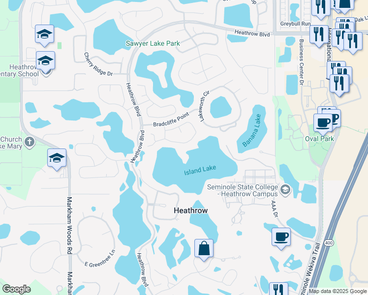 map of restaurants, bars, coffee shops, grocery stores, and more near 1301 Tadsworth Terrace in Lake Mary
