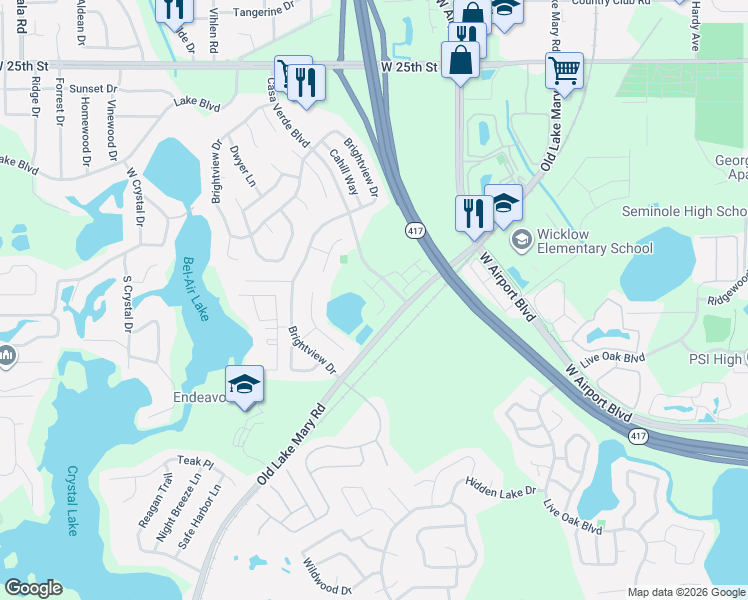 map of restaurants, bars, coffee shops, grocery stores, and more near 3054 Dellcrest Place in Lake Mary