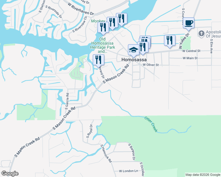 map of restaurants, bars, coffee shops, grocery stores, and more near 5754 South Boulevard Drive in Homosassa