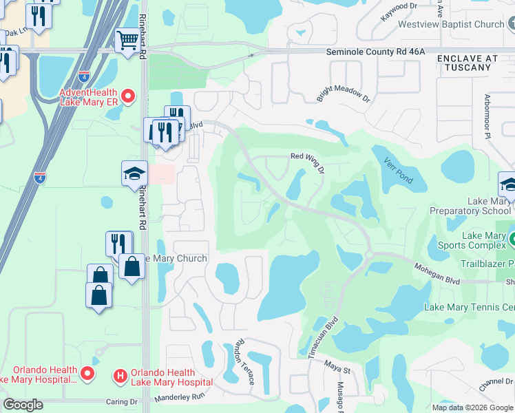 map of restaurants, bars, coffee shops, grocery stores, and more near 709 Powderhorn Circle in Lake Mary