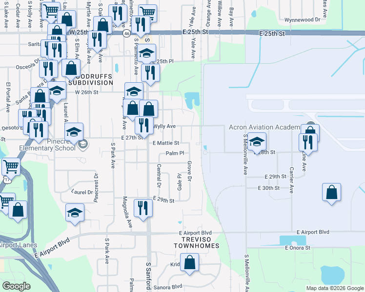 map of restaurants, bars, coffee shops, grocery stores, and more near 701 East Mattie Street in Sanford